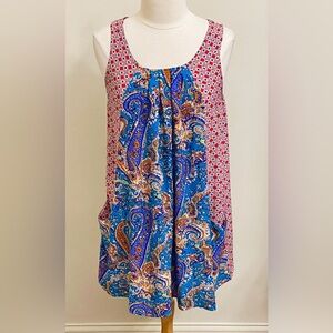 Umgee Red Blue Paisley Geometric Print SZ M Boho Chic Festival Artsy Mini Dress
